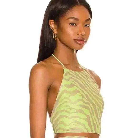 HP🔥NWT Superdown Women's XS Cierra Halter Neck Top Lace Up Back Neon Green Tan - Picture 1 of 10